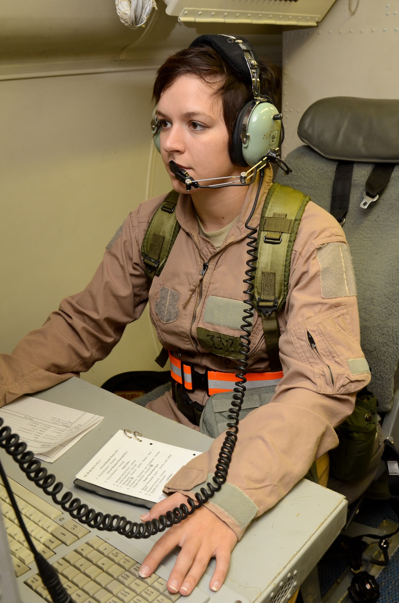 A U.S. Air Force Airborne Radar Technician with Team Joint STARS, performs a pre-flight inspection at an operator work station aboard an E-8C Joint STARS during an operational readiness inspection at Robins Air Force Base, Ga., Sept. 8, 2012.  Airmen from the 116th and 461st Air Control Wing are showcasing their ability to perform assigned tasks in wartime, contingency or force sustainment operation. Inspection areas include initial response, employment, mission support and ability-to-survive and operate in a chemical environment. (National Guard photo by Master Sgt. Roger Parsons/Released)