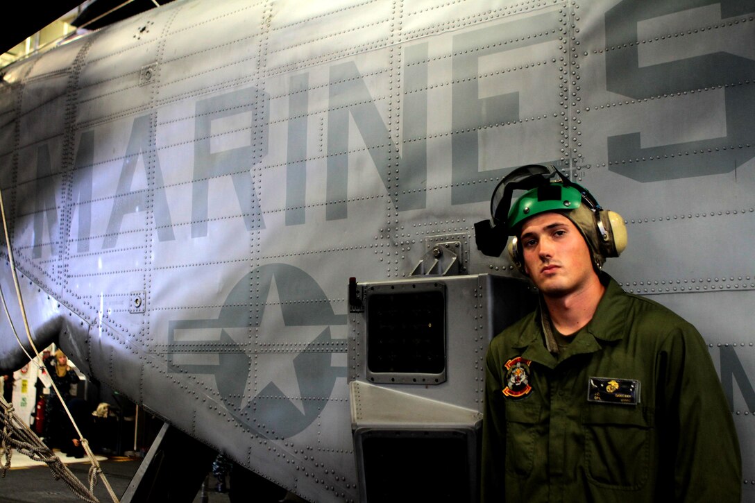 Cpl. James Ganieany, an airframe mechanic with Marine Medium Helicopter Squadron 262 (Reinforced), 31st Marine Expeditionary Unit, and a native of Saint Charles, Ill., is a supervisor and a colateral duty inspector maintianing the airframe, metal, fiber glass, hydrolics and landing gear of the CH-53E Super Stallion. Ganieany went from a high school student in his home town to becoming a Marine airframe mechanic the next year. The 31st MEU is the only continuously forward-deployed MEU and is the Marine Corps’ force in readiness in the Asia-Pacific region.