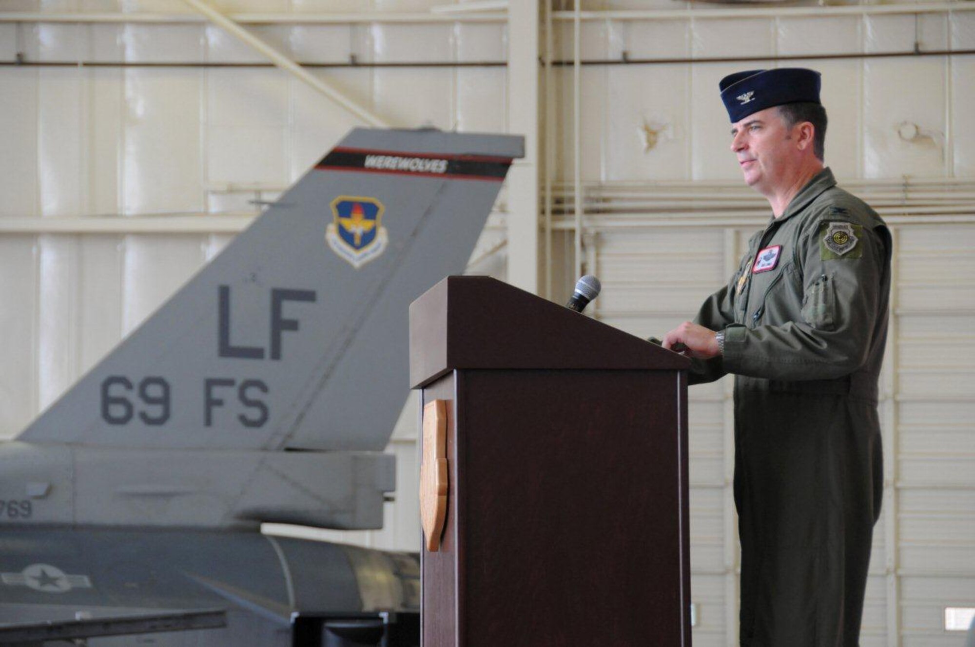 Col. Gregory Jones, 944th Operations Group commander addresses his Airmen for the first time during a change-of-command ceremony here September 7. Col. Gregory Jones, former director of the F-35 Academic Training Center at Eglin Air Force Base, Fla., succeeded Col. David Garfield as commander of the 944th Operations Group in a ceremony presided by Col. Jose Monteagudo, commander, 944th Fighter Wing. (U.S. Air Force photo by Staff Sgt. Josh Nason)