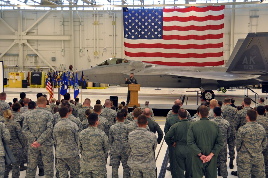 Col. Bryan Radliff, 477th Fighter Group commander, declares the 477th FG fully operational capable during a ceremony during the groups monthly Unit Training Assembly weekend Sept. 9. The 477th FG traces its unit back to the 477th Bombardment Group, a Tuskegee Airmen unit that never reached FOC.  The 477th FG was reactivated at Joint Base Elmendorf Richardson in 2007. (U.S. Air Force Photo by Tech. Sgt. Dana Rosso)