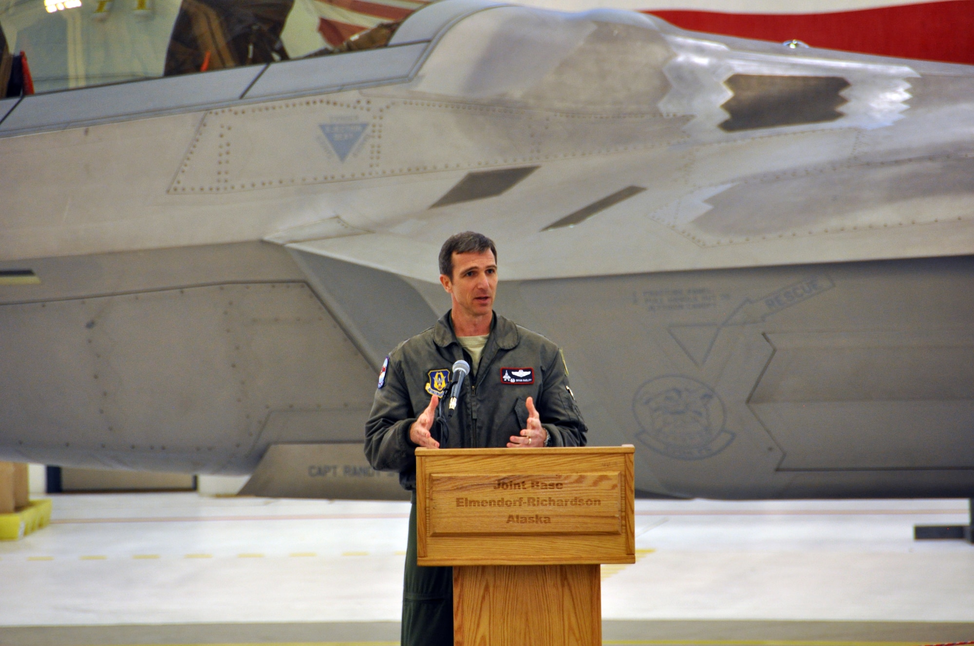 Col. Bryan Radliff, 477th Fighter Group commander, declares the 477th FG fully operational capable during a ceremony during the groups monthly Unit Training Assembly weekend Sept. 9. The 477th FG traces its unit back to the 477th Bombardment Group, a Tuskegee Airmen unit that never reached FOC.  The 477th FG was reactivated at Joint Base Elmendorf Richardson in 2007. (U.S. Air Force Photo by Tech. Sgt. Dana Rosso)
