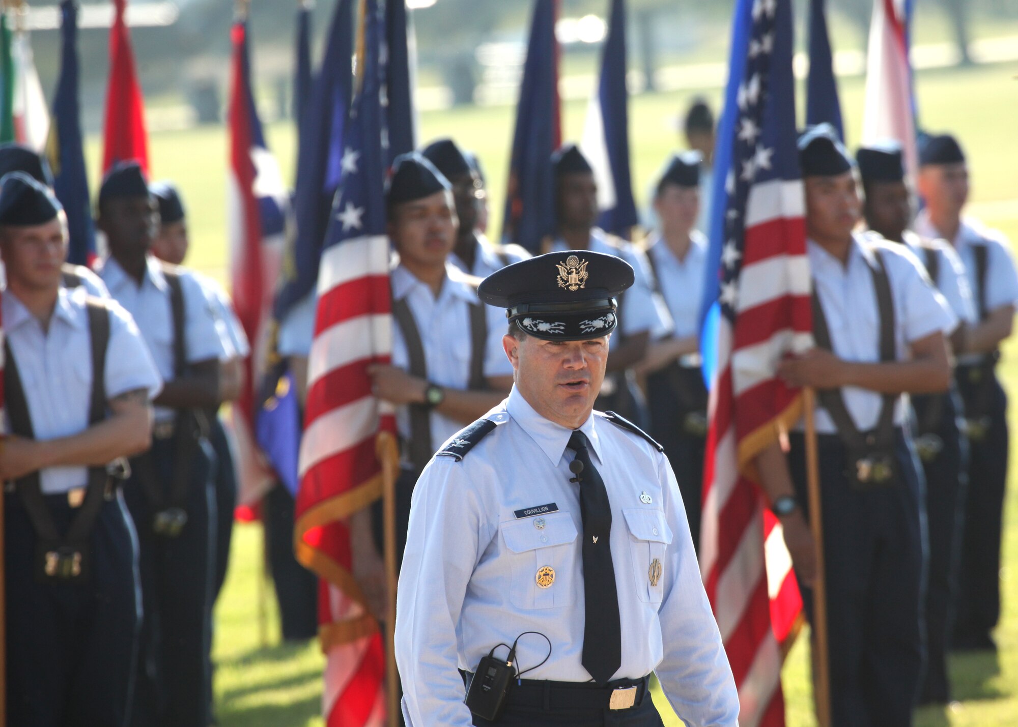 Col. Jerry Couvillion, Air Force Personnel Center, addresses basic training graduates and their families during the Sept. 7 ceremony where he served as the presiding official. (U.S. Air Force photo by Robbin Cresswell)