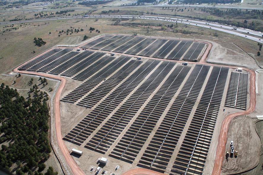 The Air Force Academy's solar array, pictured here May 13, 2011, occupies 41 acres of land on the Academy's southeast corner, adjacent to Interstate 25. The array, which comprises 18,888 solar panels, produced 12.5 million kilowatt-hours of power since it was activated July 1, 2011. (U.S. Air Force photo)