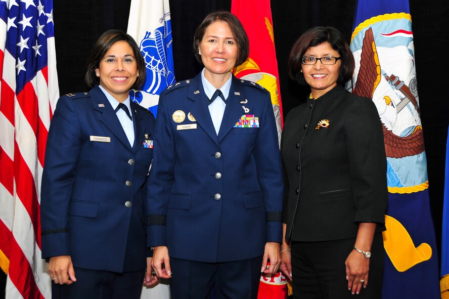 Air Force District of Washington Commander Maj. Gen. Sharon K. G. Dunbar, Ermelinda M. Rodriguez-Heffner, AFDW Manpower, Personnel and Services director and Capt. Erica Fernandez, Headquarters USAF Deputy Chief of Staff Manpower, Personnel and Services Force Development, were  recognized for their achievements throughout their careers during the 9th Annual Latina Symposium Distinguished Military Awards Ceremony, Sept. 6, in Arlington, Va. The Latina Symposium was designed to drive women forward in life through mentorship while featuring accomplished female leaders from across the nation. (U.S. Air Force photo by Senior Airman Steele C. G. Britton)