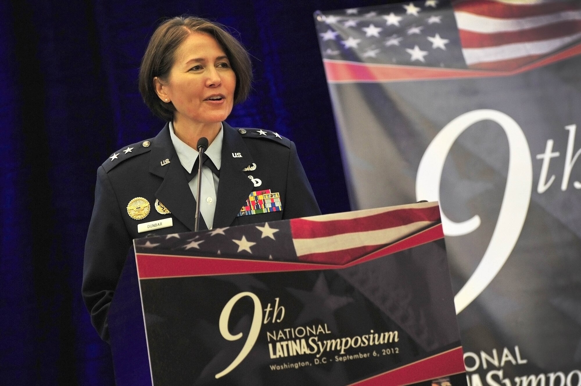 Air Force District of Washington Commander Maj. Gen. Sharon K. G. Dunbar motivates women to achieve their goals during the 9th Annual Latina Symposium, Sept. 6, in Arlington, Va. Dunbar shared her personal experiences and advice about reaching for success and thanked Latina Style Inc. for the opportunity to participate  in the 9th Annual Latina Symposium.  (U.S. Air Force photo by Senior Airman Steele C. G. Britton)