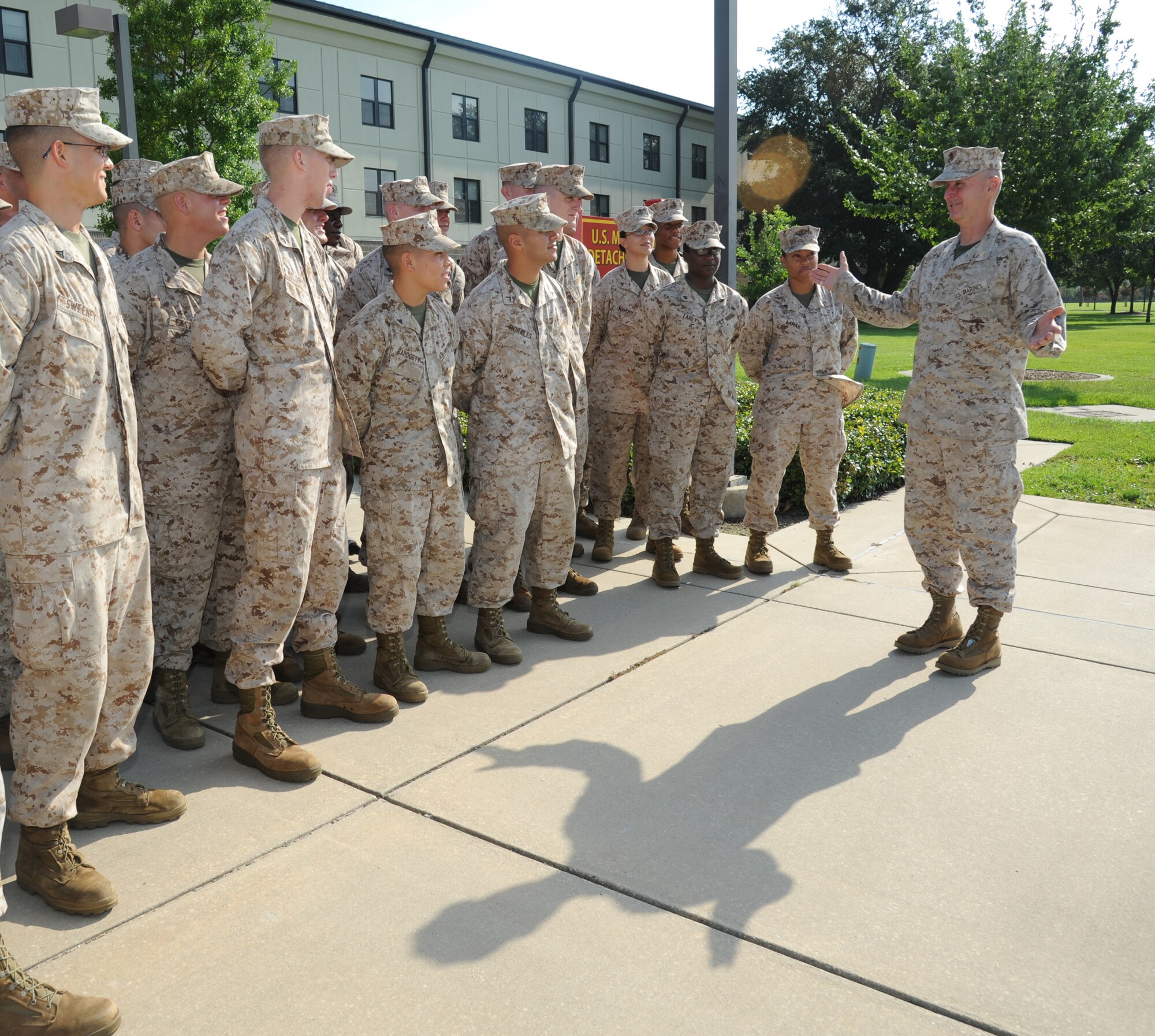 Major Randall Davis, Marine Detachment Commanding Officer, addresses Marines at Alho Manor on the importance of physical fitness Aug. 15, 2012, Keesler Air Force Base, Miss.  (U.S. Air Force photos by Kemberly Groue)