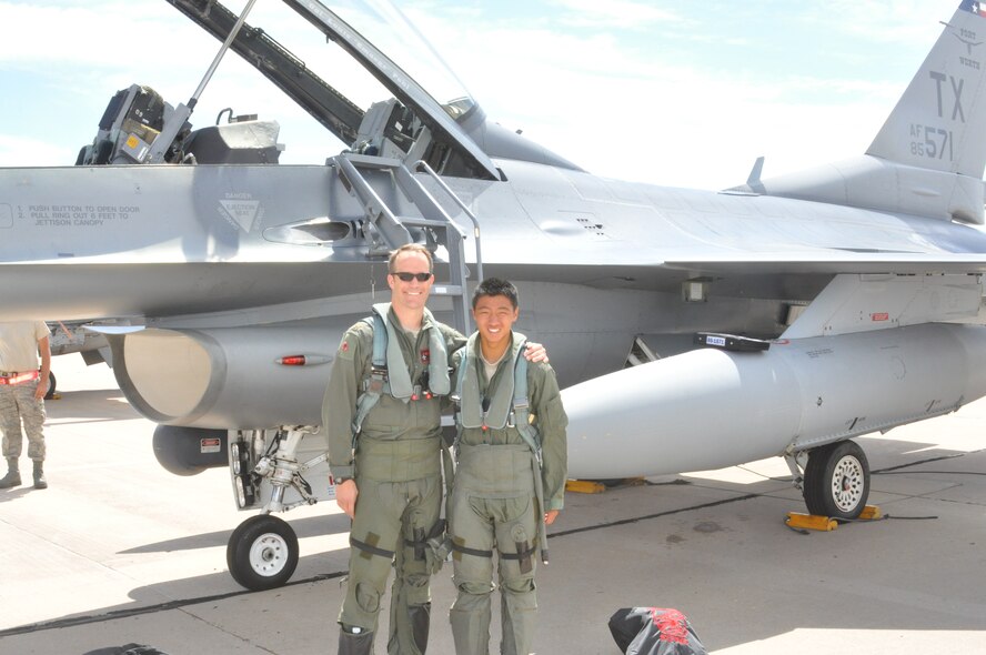 Maj. Michael Barron and Cadet 4th Class Marcus Hoof before the incentive flight during the Cadet Sponsorship Program visit to the Air Force Academy.  The 301st is the first Reserve unit to sponsor a cadet squadron.  The 301st sponsors Cadet Squadron 34. (U.S. Air Force Photo/Capt. Rodney Ellison)