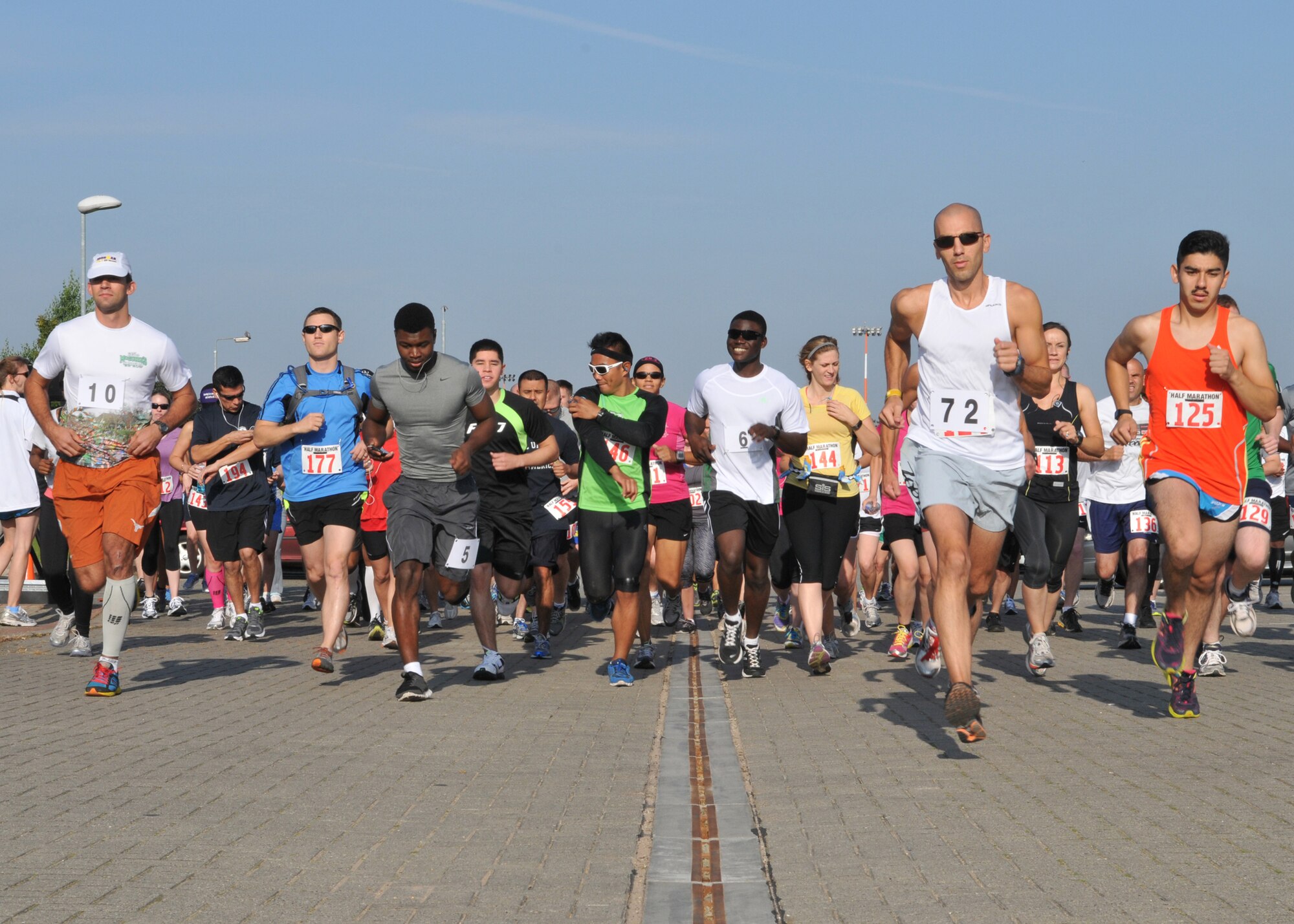 RAF MILDENHALL, England – Participants begin the 4th Annual RAF Mildenhall Half Marathon Sept. 8, 2012, at the Hardstand Fitness Center. The race honored the families of wounded and lost military heroes. (U.S. Air Force photo/Staff Sgt. Tabitha Lee)