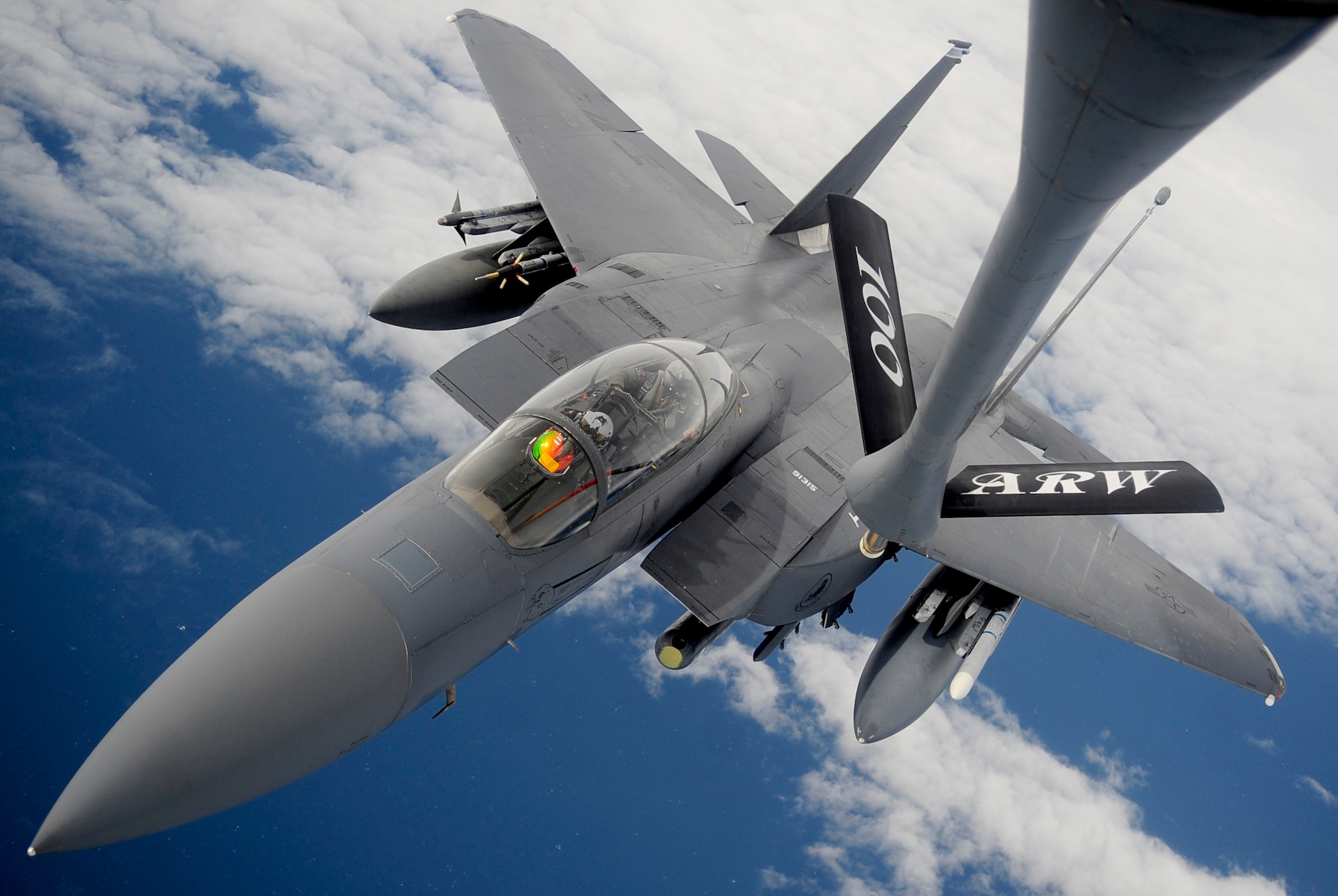 RAF MILDENHALL, England -- An F-15E Strike Eagle receives fuel from a 100th Air Refueling Wing KC-135 Stratotanker during an aerial refueling mission Sept. 10, 2012, over the Atlantic Ocean. The refueling was part of a training mission for both the 48th Fighter Wing, RAF Lakenheath, and 100th ARW. (U.S. Air Force photo/Senior Airman Ethan Morgan)