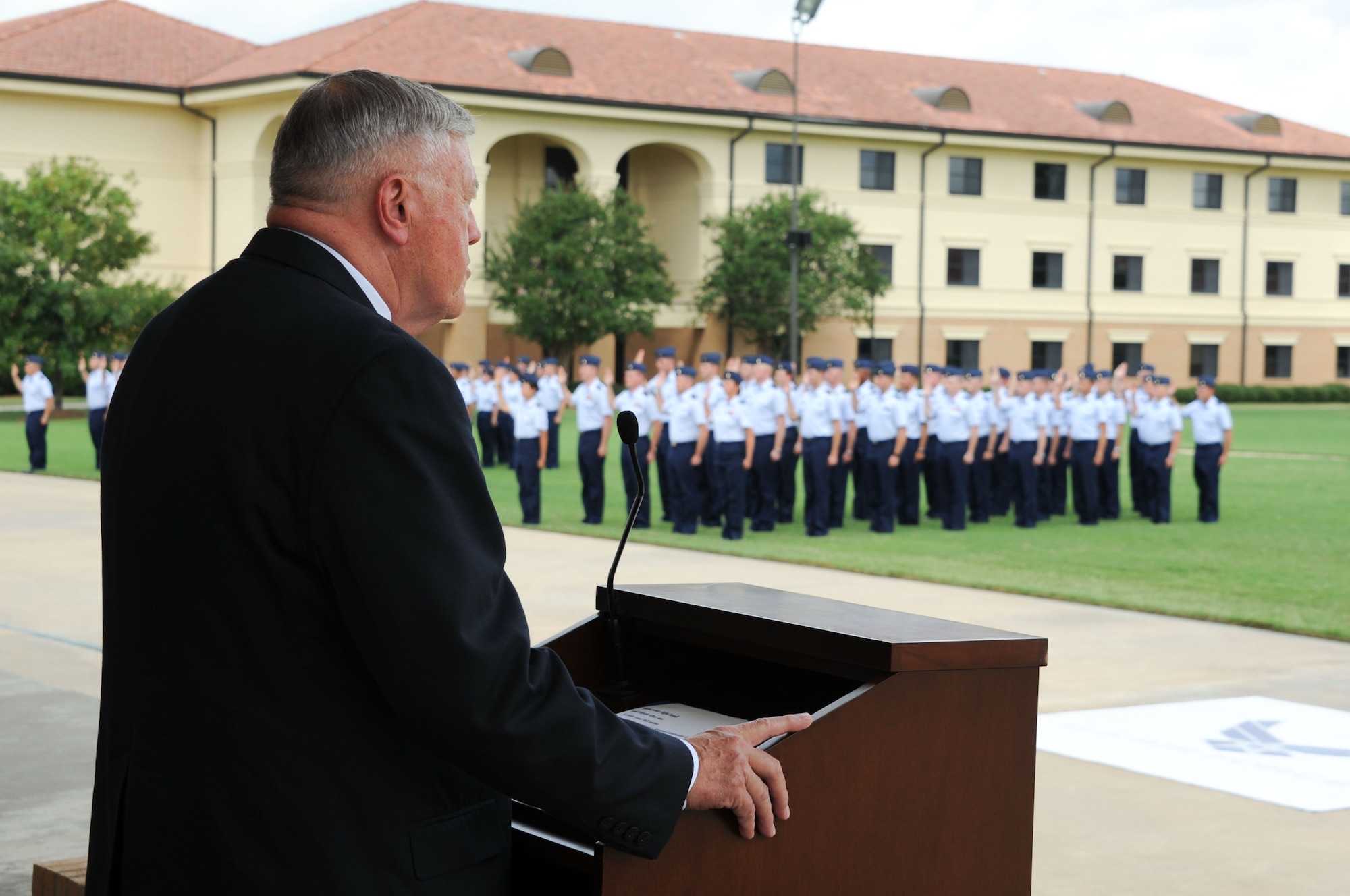 Retired Gen. Eugene Habiger is the reviewing official for the Basic Officer Training graduation parade Aug. 31 and is the 2012 Officer Training School distinguished alumni. (Photo by Bud Hancock)