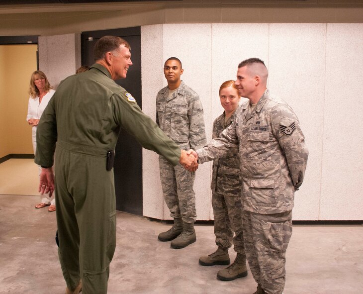 U.S. Air Force Maj Gen Wallace Farris meets with Airmen of the 914th Security Forces and Civil Engineering Squadrons in the newly constructed indoor firing range on base Sept. 9. Farris, 22nd Air Force Commander visited Niagara during the 914th Unit Training Assembly September 8 and 9 2012. (U.S. Air Force photo by Staff Sgt. Andrew Caya)