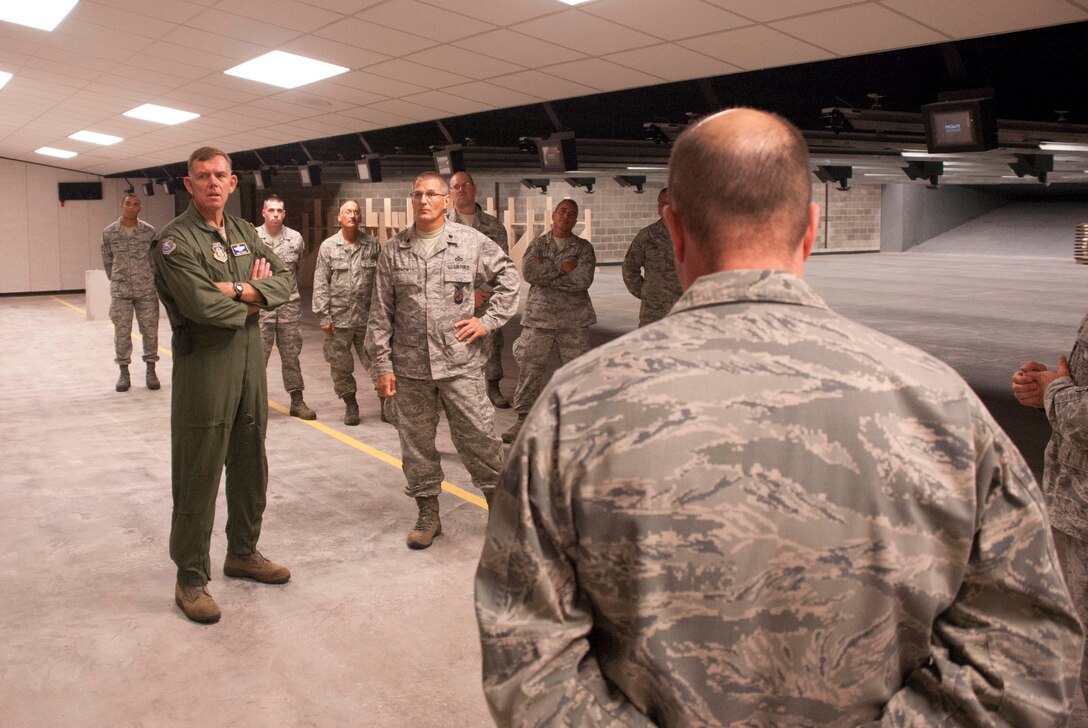 U.S. Air Force Maj Gen Wallace Farris meets with Airmen of the 914th Security Forces and Civil Engineering Squadrons in the newly constructed indoor firing range on base Sept. 9. Farris, 22nd Air Force Commander visited Niagara during the 914th Unit Training Assembly September 8 and 9 2012. (U.S. Air Force photo by Staff Sgt. Andrew Caya)