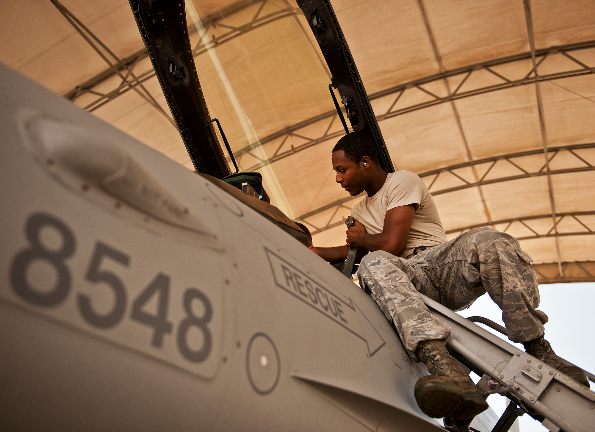 Senior Airman Dominique Wilson, a crew chief with the 309th Aircraft Maintenance Squadron, helps secure the pilot into the F-16 Fighting Falcon on the 33rd Fighter Wing flightline Sept. 6 at Eglin Air Force Base, Fla.  Approximately 36 Luke Air Force Base Airmen, assigned to the 309th, maintain four F-16s used as chase aircraft for F-35 flights and to maintain pilot proficiency.  Airmen from Luke’s various F-16 maintenance squadrons have been rotating to Eglin to support this mission since January 2011.  (U.S. Air Force photo/Samuel King Jr.)