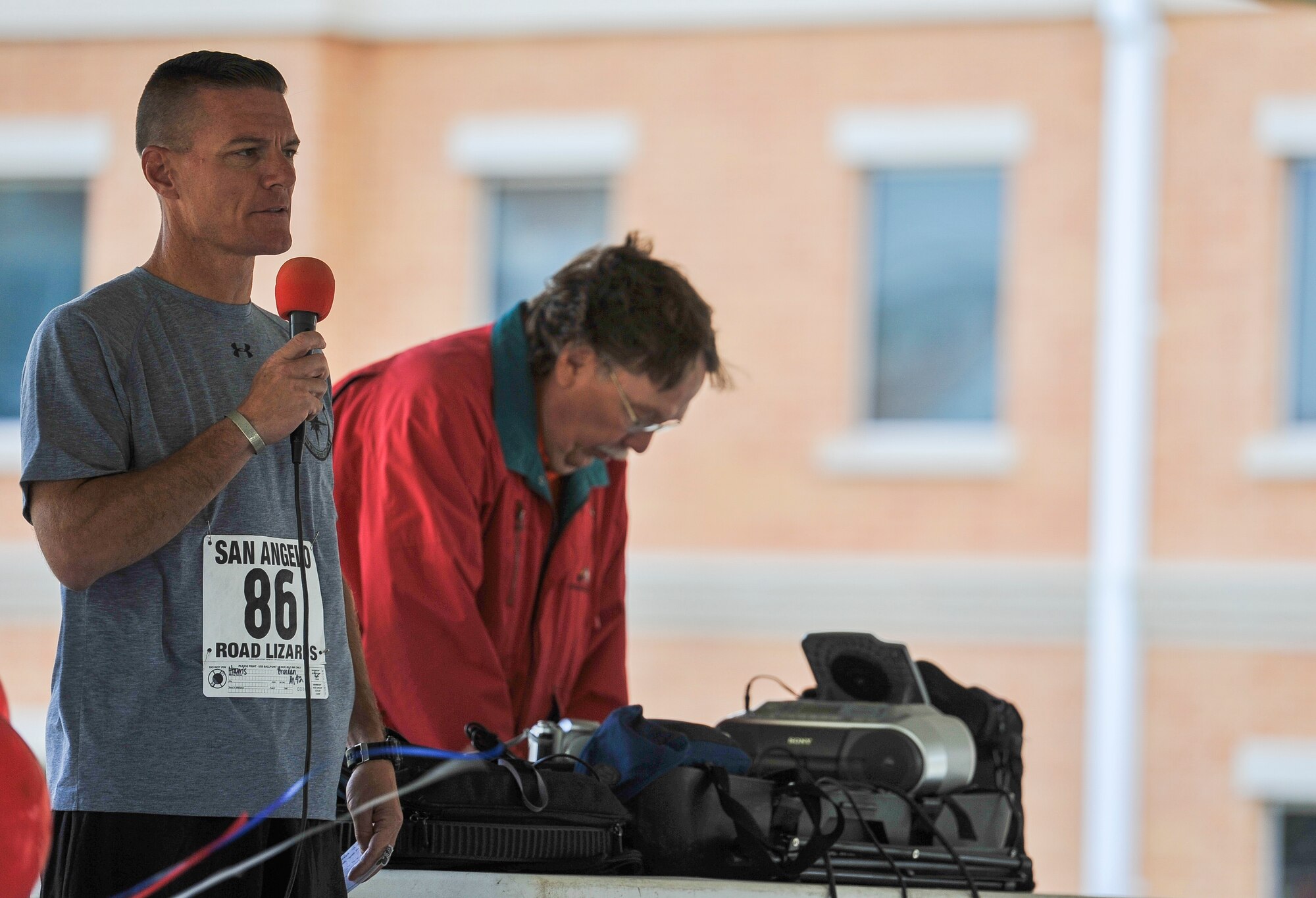 SAN ANGELO, Texas -- Col. Brendan Harris, 17th Training Group Commander, talks to the participants of Run to Remember at Angelo State University Sept. 9. Run to Remember is a five km race and a one and a half mile race to commemorate the events that took place on Sept. 11, 2001. (U.S. Air Force photo/Airman 1st Class Michael Smith)