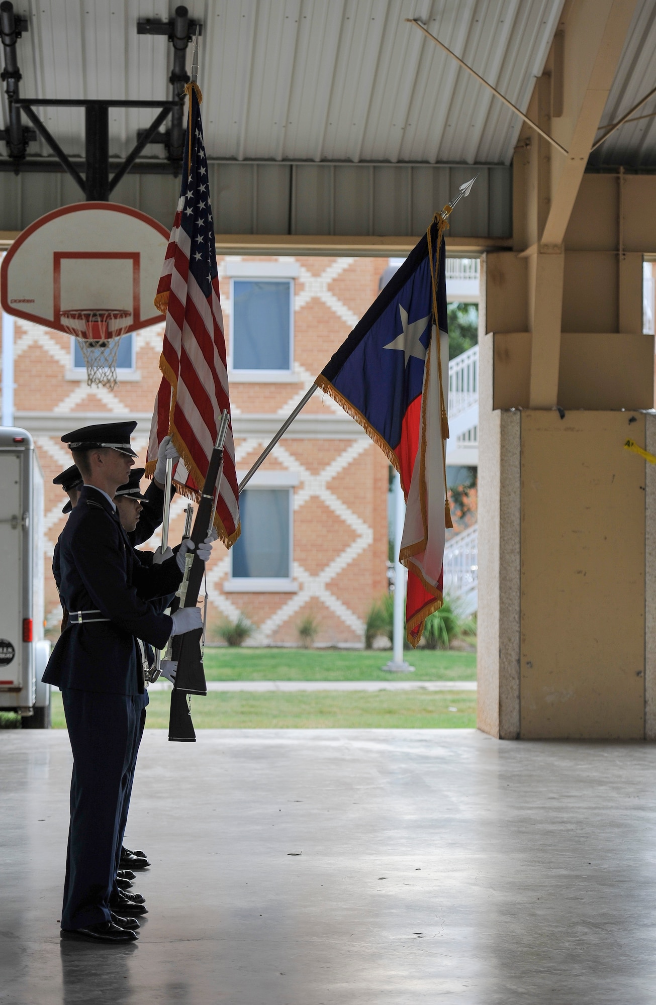 SAN ANGELO, Texas -- Angelo State University Reserve Officer Training Corps Cadets present the colors before the start of Run to Remember at ASU Sept. 9. Run to Remember is a five km race and a one and a half mile race to commemorate the events that took place on Sept. 11, 2001. (U.S. Air Force photo/Airman 1st Class Michael Smith)