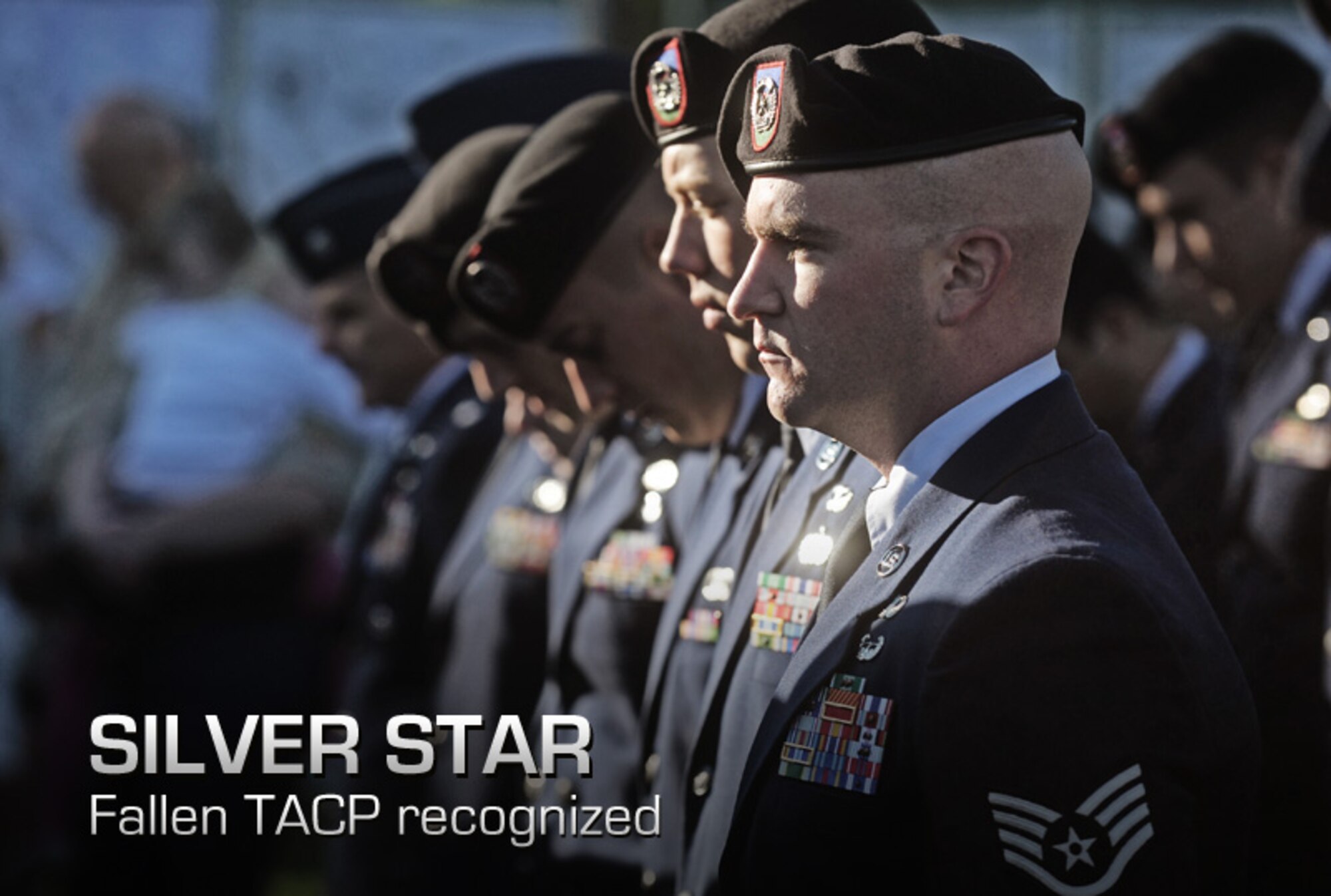 Tactical Air Control Party specialists from the 10th Air Support Operations Squadron, Ft. Riley Kan., stand in formation during a Silver Star medal presentation for Senior Airman Bradley Smith Sept. 8, 2012 in his hometown of Troy, Ill. Smith was killed in action while serving as a TACP in Afghanistan Jan. 3, 2010. Members of the 10th ASOS spent a week ruck marching his medal 370 miles from Kansas to Troy for the ceremony. (U.S. Air Force photo/ Staff Sgt. Ryan Crane)