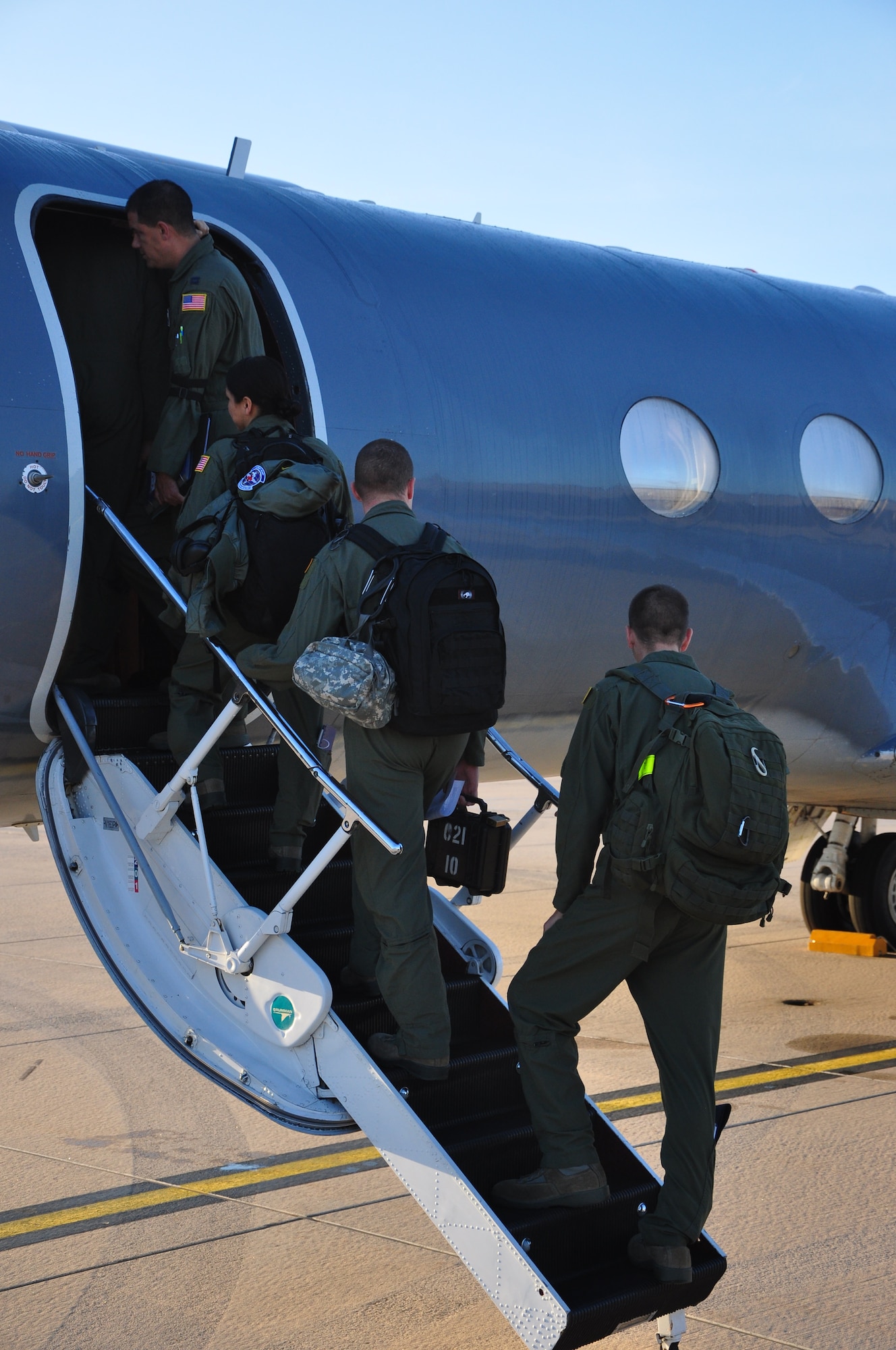 Members of the 86th Aeromedical Evacuation Squadron board a Gulfstream III, or G3, to begin a mission testing their capabilities on a new airframe at Ramstein Air Base, Germany, Sept. 3, 2012. The squadron is hoping to start using the G3 for short missions to Africa and Eurasia. (U.S. Air Force photo/Tech. Sgt. Chad Thompson)