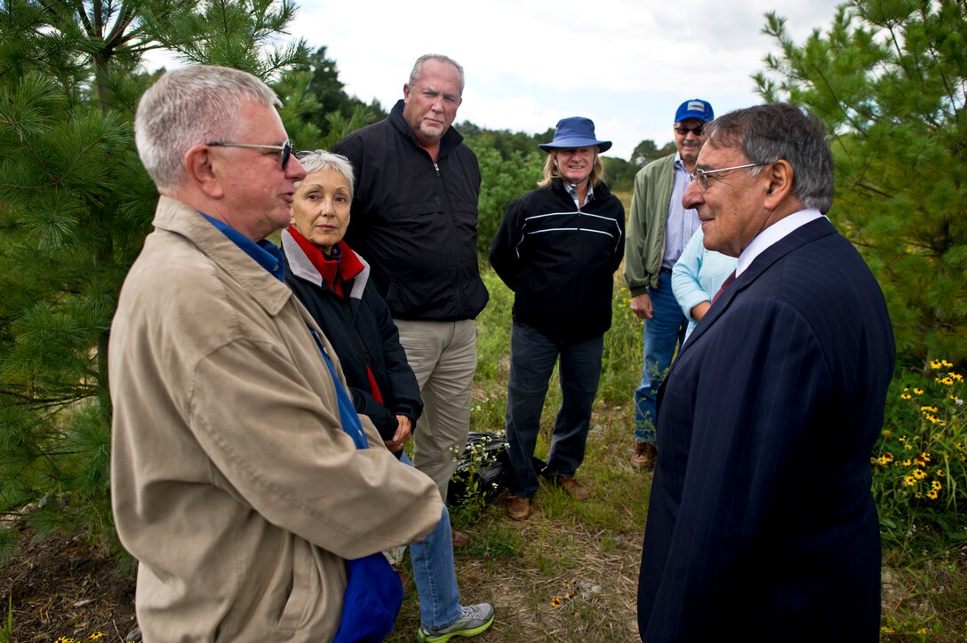On the eve of the 11th anniversary of the Sept. 11, 2001, terrorist attacks on the United States, Defense Secretary Leon E. Panetta speaks with family members of victims of United Airlines Flight 93 in Shanksville, Pa., Sept. 10, 2012. DOD photo by U.S. Navy Petty Officer 1st Class Chad J. McNeeley 