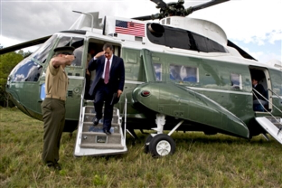 On the eve of the 11th anniversary of the Sept. 11, 2001, terrorist attacks on the United States, Defense Secretary Leon E. Panetta arrives at the Flight 93 Memorial Plaza in Shanksville, Pa., Sept. 10, 2012.