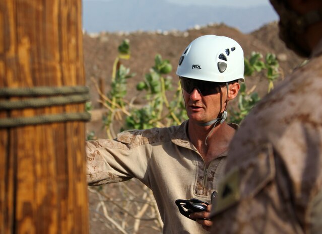 Cpl. Matthew Strong, an assault climber and Middleburg, Fla., native with Charlie Company, Battalion Landing Team 1st Battalion, 2nd Marine Regiment, 24th Marine Expeditionary Unit, instructs fellow Marines on one-rope bridge techniques during assault climber training in Djibouti, Aug. 29, 2012. The training is a part of a Training Force, or T-Force, package focused on primitive infantry skills. The 24th MEU is deployed with the Iwo Jima Amphibious Ready Group as a theater reserve and crisis response force throughout the U.S. Central Command in the Navy's 5th Fleet area of responsibility.