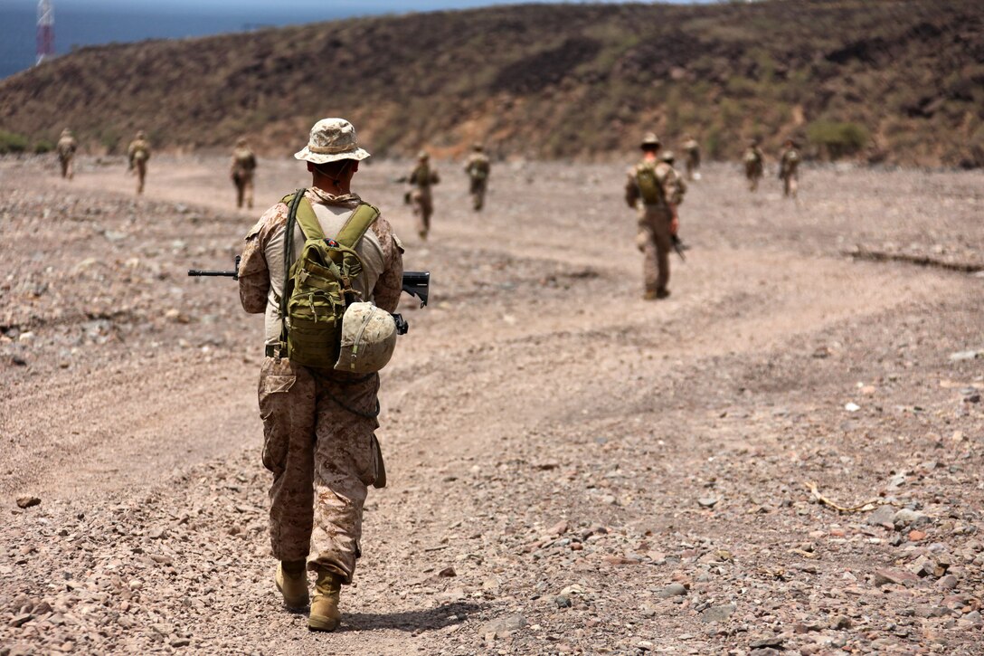 Marines with Bravo Company, Battalion Landing Team 1st Battalion, 2nd Marine Regiment, 24th Marine Expeditionary Unit, patrol back to camp after taking part in assault climber training in Djibouti, Aug. 29, 2012.  The training is a part of a Training Force, or T-Force, package focused on primitive infantry skills. The 24th MEU is deployed with the Iwo Jima Amphibious Ready Group as a theater reserve and crisis response force throughout the U.S. Central Command in the Navy's 5th Fleet area of responsibility.