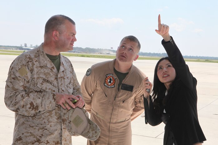 Marines from Marine Medium Tiltrotor Training Squadron 204 and Marine Medium Tiltrotor Squadron 264 showcased the MV-22B Osprey to Japanese officials, Aug. 14. The Japanese officials, including many engineers and government representatives, needed to inspect the Osprey before the aircraft moves to Okinawa Japan. 