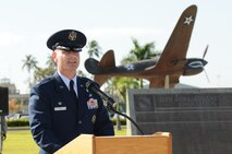 Lt. Col. Michael J. Fea, Commander, 15th Medical Operations Squadron, Joint Base Pearl Harbor-Hickam, Hawaii speaks after assuming command during a ceremony on 2 Aug 2012.  Photo by David D. Underwood, Jr.