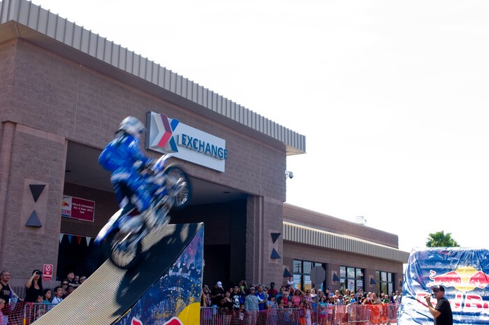 Ted Culbertson, Red Bull Jams motocross rider, launches off a ramp in front of a crowd Sept. 8, 2012, at The Exchange here. Culbertson was visiting Nellis as the fourth stop of the first Red Bull Jams tour. (U.S. Air Force photo by Senior Airman Jack Sanders)