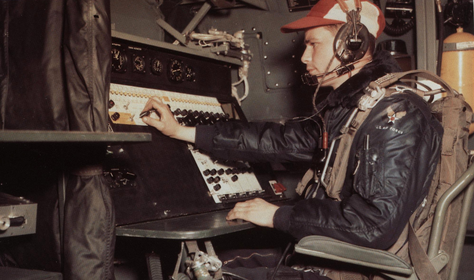 A photo technician operates his console in a RB-36 Peacemaker. The RB-36 was equipped with 14 cameras and other special equipment necessary in long-range high altitude reconnaissance, allowing an aircrew photographer to take high quality photos from an altitude of 30,000 feet altitude. After photos were taken by an RB-36 photographer, a photo technician could develop the film in flight using a small darkroom onboard.  (U.S. Air Force courtesy photo)