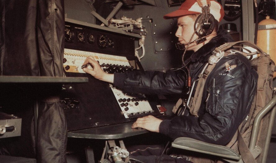 A photo technician operates his console in a RB-36 Peacemaker. The RB-36 was equipped with 14 cameras and other special equipment necessary in long-range high altitude reconnaissance, allowing an aircrew photographer to take high quality photos from an altitude of 30,000 feet altitude. After photos were taken by an RB-36 photographer, a photo technician could develop the film in flight using a small darkroom onboard.  (U.S. Air Force courtesy photo)