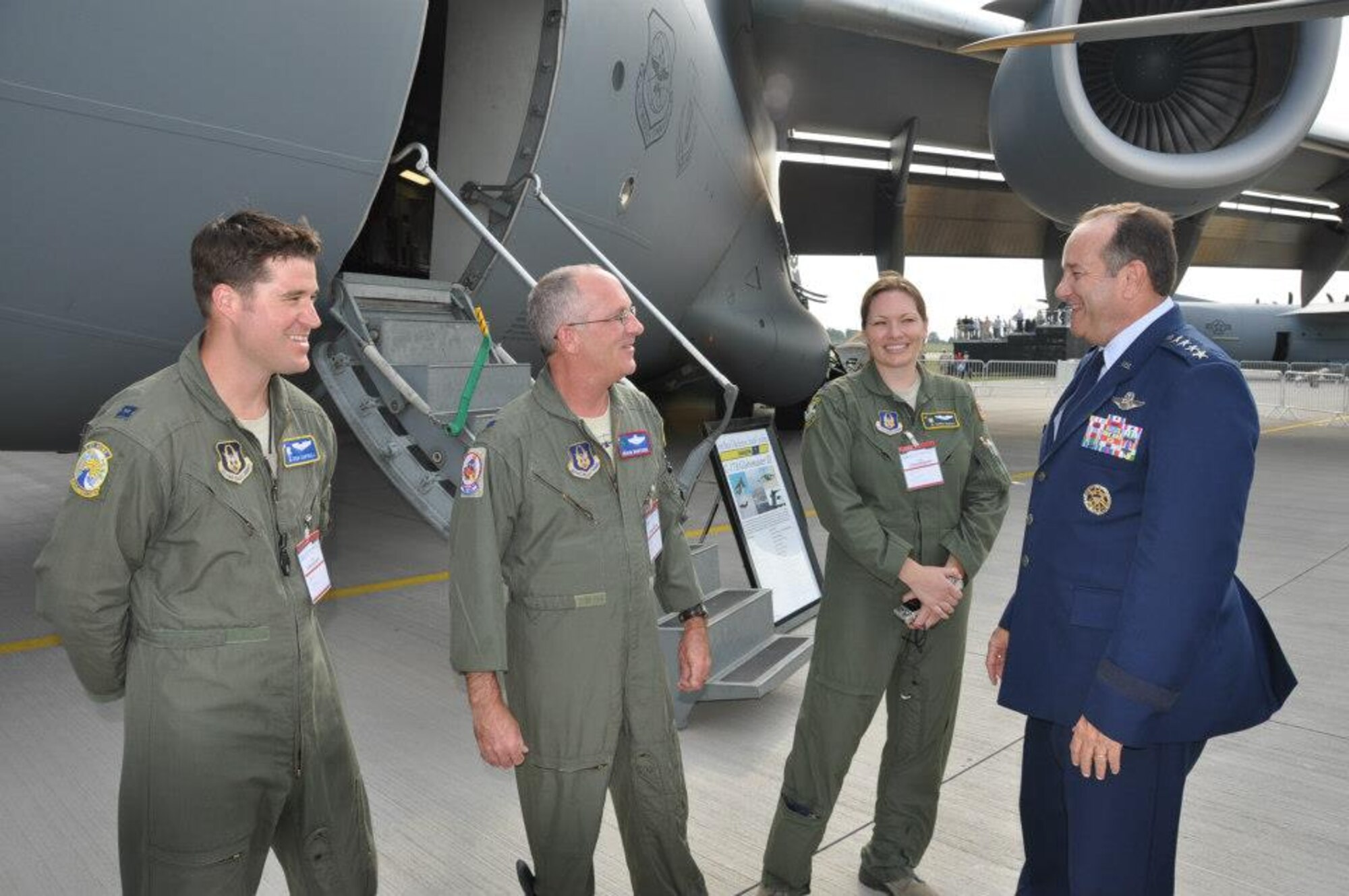 315th Airlift Wing members meet Gen.l Philip Breedlove, commander, U.S. Air Forces Europe and Africa at the Berlin Air Show this week. Aircrew members from Joint Base Charleston, S.C.'s 315 AW and 437 AW exhibited a C-17 Globemast III at the world renowned air show.  (U.S. Air Force Photo / Capt. Wayne Capps)
