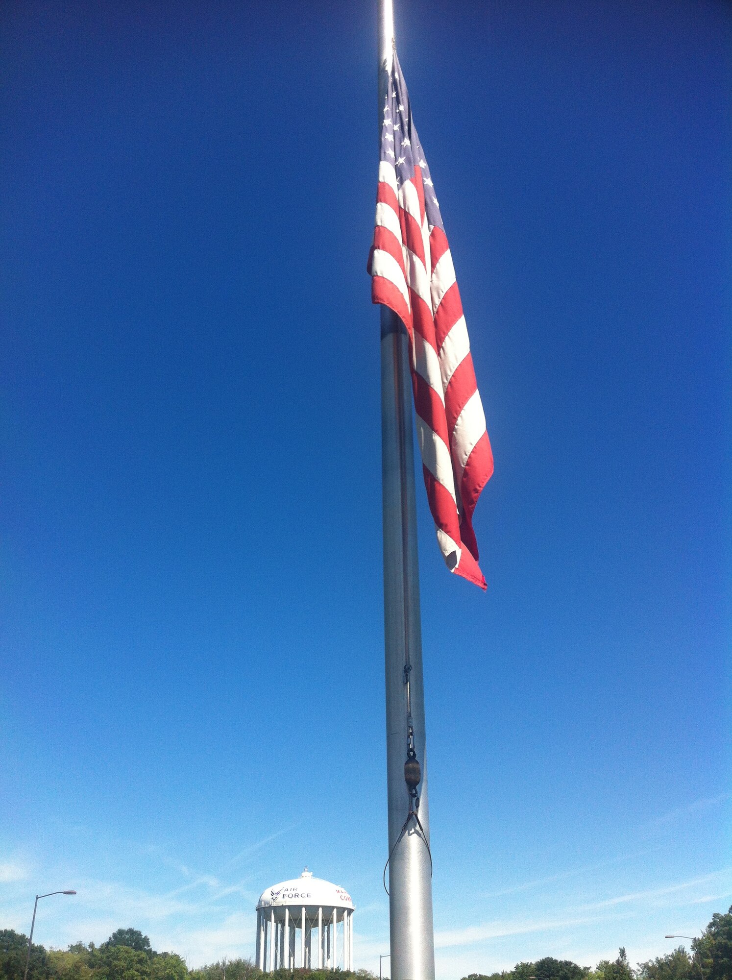 Flags at Joint Base Andrews, Md., fly at half-staff in remembrance of those who lost their lives in the 9/11 terrorist attacks on the United States. Sept. 11 is also known as Patriot Day, which is an annual observance on September 11 to remember those who were injured or died during the terrorist attacks in the United States on September 11, 2001. (U.S. Air Force photo/ Senior Airman Katie Spencer)