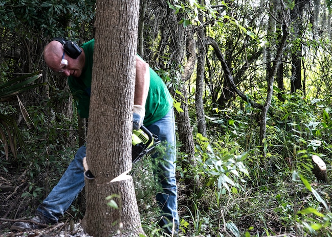 Master Sgt. Scott Kapanke, 437th Maintenance Squadron Accessories assistant flight chief, uses a chainsaw to cut down a tree to gain more access to a nearby lake at the Girl Scout Plantation on Sept. 7, 2012 in Cordesville, S.C.  Various units of JB Charleston participated in aiding restoration of the facilities on the camp.  The Day of Caring, organized locally by the Trident United Way, saw more than 8,500 volunteers working on more than 300 projects around the Lowcountry.