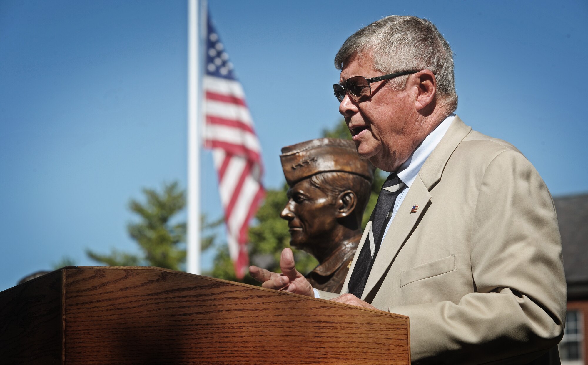 Retired Gen. Thomas M. Ryan Jr., former Military Airlift Command commander, speaks to an audience during a dedication ceremony honoring his achievements at Scott Air Force Base Ill. Sept. 11, 2012. Ryan drove the development of the first U.S. Air Force airlift master plan, a 20 year roadmap that resulted in significant air mobility modernization. (U.S. Air Force photo/ Staff Sgt. Ryan Crane)
