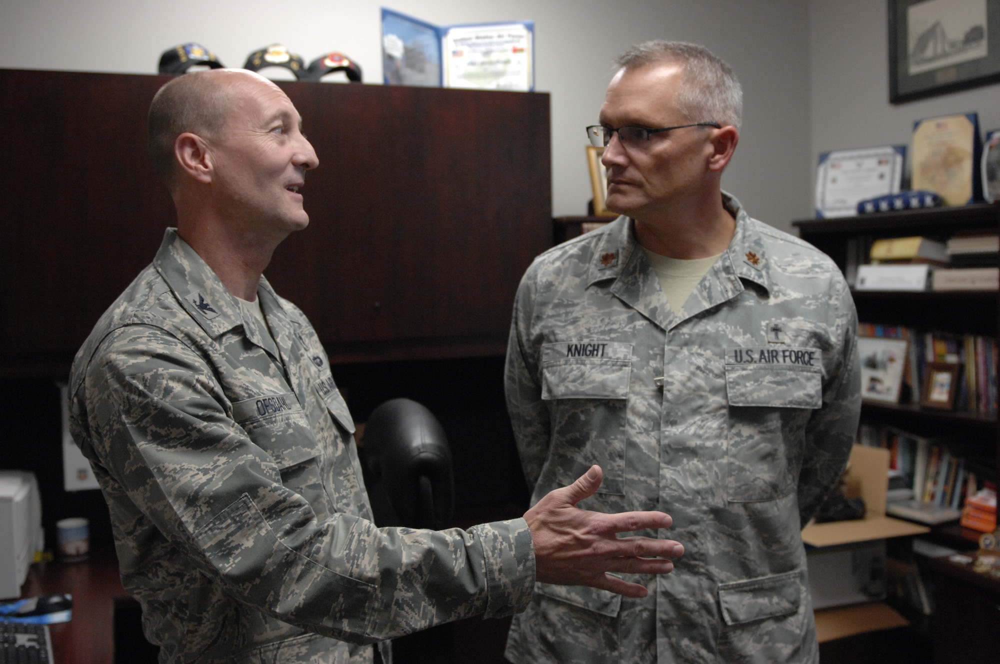 U.S. Air Force Col. Scott Ofsdahl, Air Combat Command command chaplain, speaks to Maj. David Knight, 20th Fighter Wing chaplain, about carrying out the chaplains’ mission at Shaw Air Force Base, S.C., Sept. 6, 2012. The chaplains’ mission is to make sure every service member of Team Shaw receives their 1st Amendment rights of freedom of religion. Ofsdahl spoke to Airmen about their well being and how the chaplains’ services could be improved. (U.S. Air Force photo by Airman 1st Class Krystal M. Jeffers/Released)