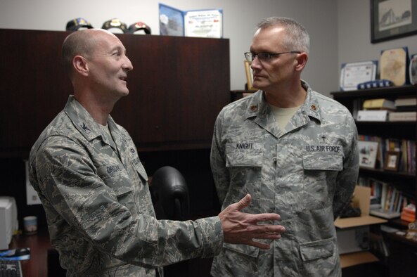 U.S. Air Force Col. Scott Ofsdahl, Air Combat Command command chaplain, speaks to Maj. David Knight, 20th Fighter Wing chaplain, about carrying out the chaplains’ mission at Shaw Air Force Base, S.C., Sept. 6, 2012. The chaplains’ mission is to make sure every service member of Team Shaw receives their 1st Amendment rights of freedom of religion. Ofsdahl spoke to Airmen about their well being and how the chaplains’ services could be improved. (U.S. Air Force photo by Airman 1st Class Krystal M. Jeffers/Released)