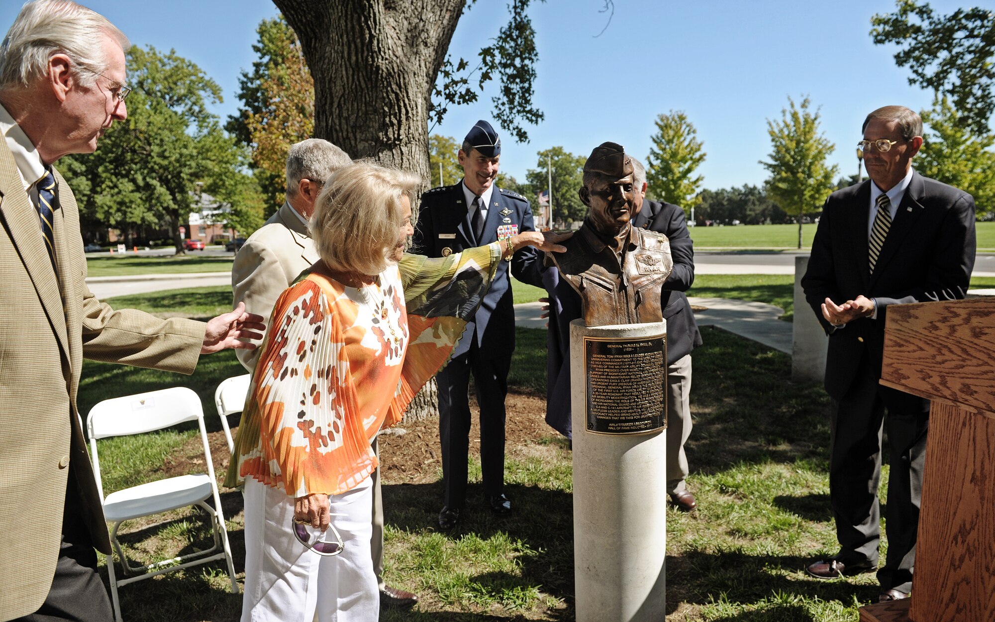 A bust of Retired Gen. Thomas M. Ryan Jr., former Military Airlift Command commander, is revealed by the Mobility Senior Statesmen during a dedication ceremony at Scott Air Force Base Ill. Sept. 11, 2012. Ryan drove the development of the first U.S. Air Force airlift master plan, a 20 year roadmap that resulted in significant air mobility modernization. (U.S. Air Force photo/ Staff Sgt. Ryan Crane)