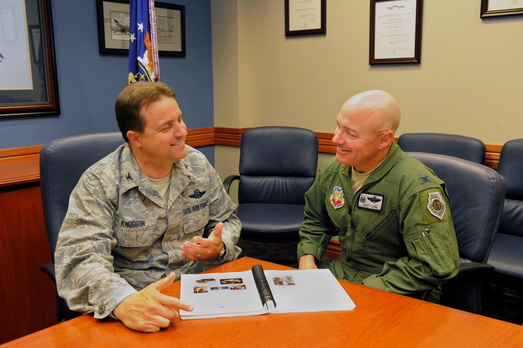 Two wing commanders at Hill AFB, Utah, have taken the Air Force’s Total Force Integration to a whole new, and very personal, level.  When Air Force Reserve Col. Keith “K2” Knudson, commander of the 419th Fighter Wing (on left) was diagnosed with kidney failure last year, his active duty counterpart, Col. Scott “Chemo” Long, commander of the 388th FW, volunteered to donate a kidney of his own.  The 419th FW is a classic associate Reserve unit tied to the 388th FW.  As part of their duties, Long and Knudson have worked closely on how best to capitalize on their shared equipment and facilities. Now they may soon be sharing a kidney.  “We’re taking TFI to a different level,” Long joked.  “We’re talking total organ integration.” (U.S. Air Force photo/Todd Cromar)