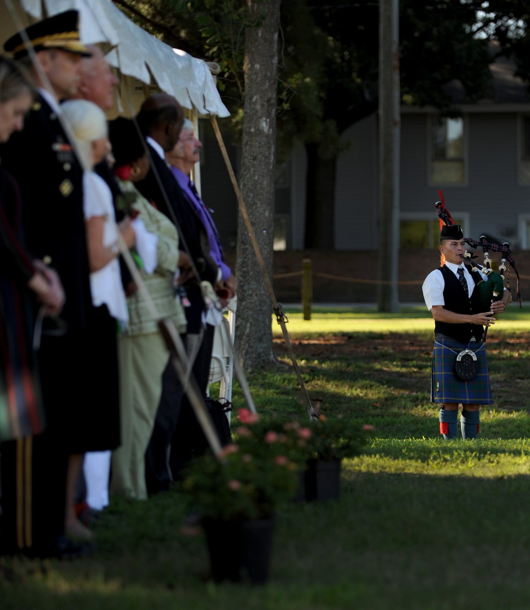 U.S. Marine Corps Maj. Sean Smith plays "Amazing Grace" on the bagpipes during a remembrance ceremony at Gosnold's Hope Park, Hampton, Va., Sept. 11, 2012. The ceremony was in honor of the victims of the Sept. 11 terrorist attacks. (U.S. Air Force photo by Senior Airman Jarad A. Denton/Released)