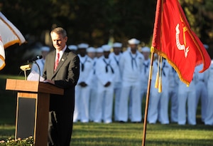 Retired U.S. Army Lt. Col. John Gately, chairman of the Hampton Millitary Affairs Committee, speaks before a crowd gathered at Gosnold's Hope Park in Hampton, Va., Sept. 11, 2012. The crowd consisted of Service members, local police and citizens of Hampton who joined together to pay their respects to the victims of the Sept. 11 terrorist attacks. (U.S. Air Force photo by Senior Airman Jarad A. Denton/Released)