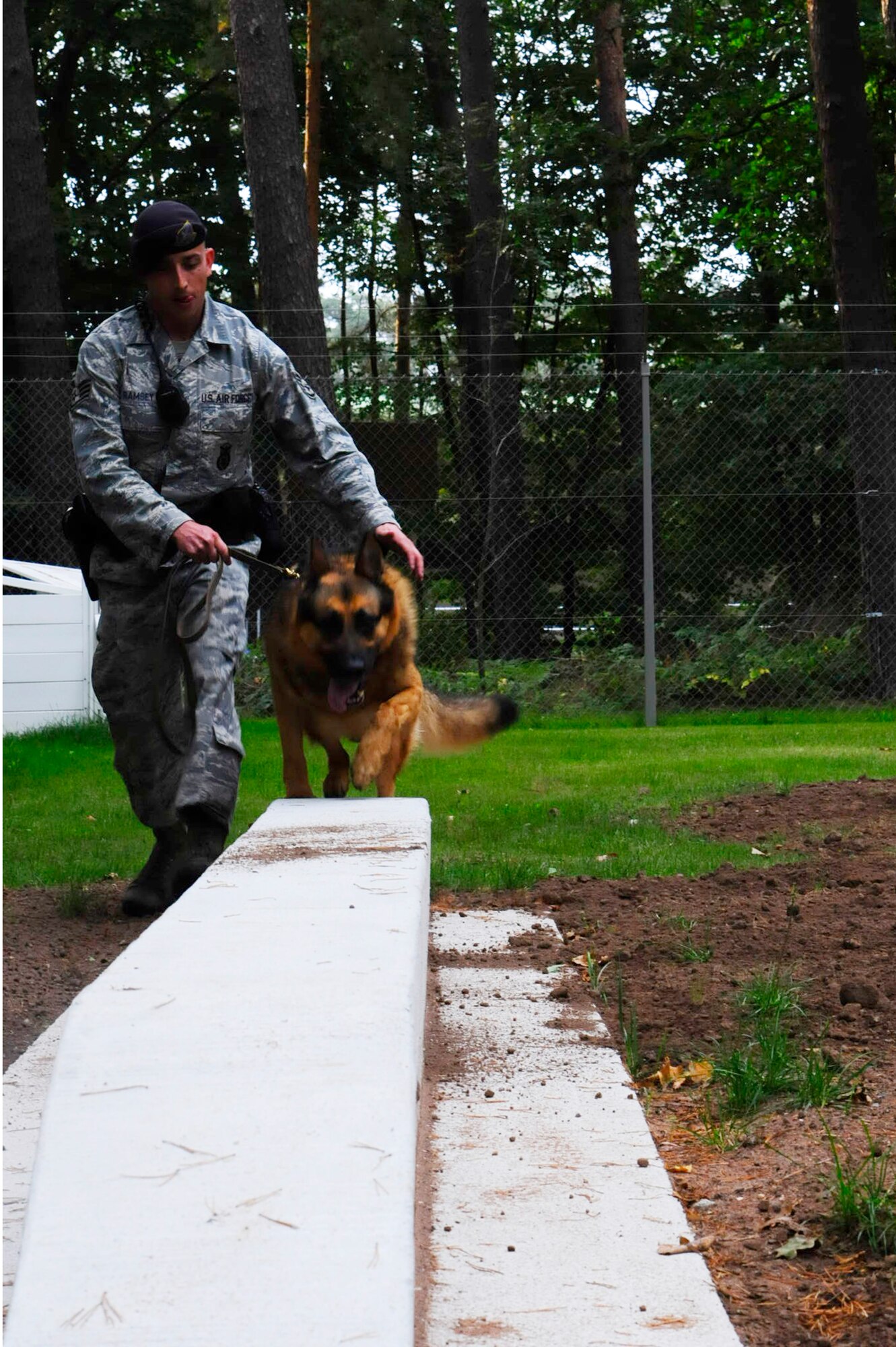 Staff Sgt. Nicholas Ramsey, 86th Security Forces Squadron military working dog handler, and Sano, 86th SFS military working dog, run through the catwalk portion of the new K-9 obstacle course Sept. 11, 2012, on Ramstein Air Base, Germany. The new obstacle course is made of concrete to prevent deterioration from snow, wind, rain and foot traffic. (U.S. Air Force photo/Airman 1st Class Hailey Haux)
