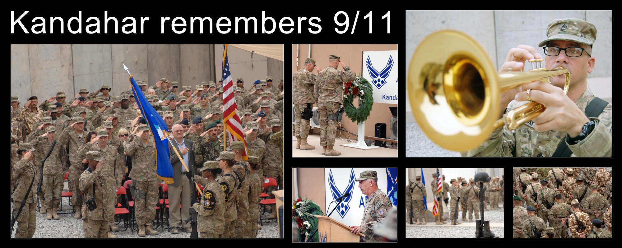 Deployed U.S. Airmen, Soldiers, Sailors, Marines and service members from coalition forces render honors during the playing of the National Anthem during the 9/11 Memorial Ceremony held here at Kandahar Air Field today. More than 200 U.S. and coalition forces joined together to observe the event. (U.S. Air Force photo/Master Sgt. Russell Martin)