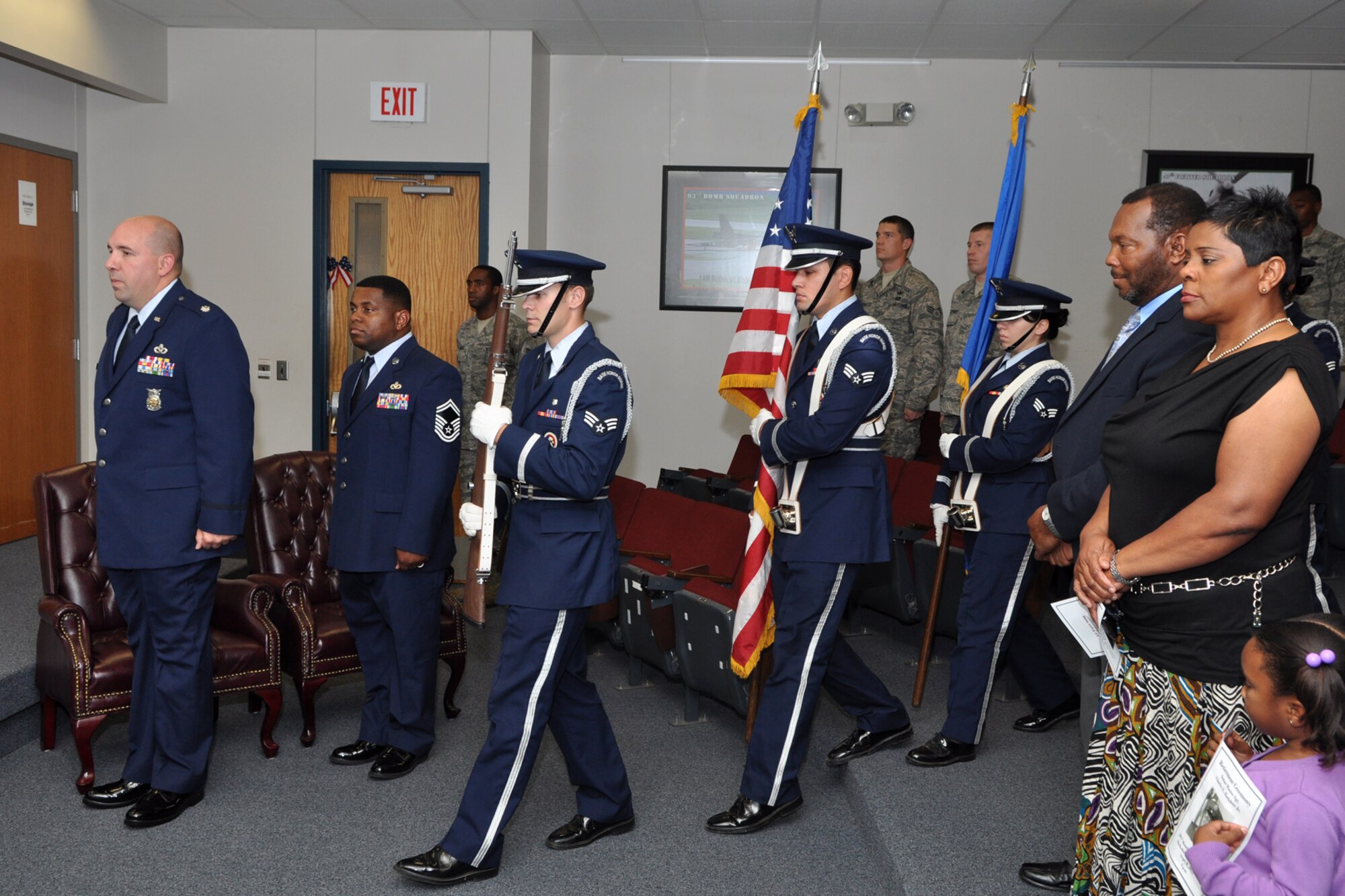 Members of the Base Honor Guard post the colors during the retirement ceremony for Senior Master Sgt. Charles E. Harkless Jr., at Barksdale Air Force Base, La., Sept. 8, 2012. Lt. Col. Charles B. Chapman III, commander of the 307th Civil Engineer Squadron at Barksdale was the presiding official for the ceremony. (U.S. Air Force photo by Master Sgt. Jeff Walston/Released)