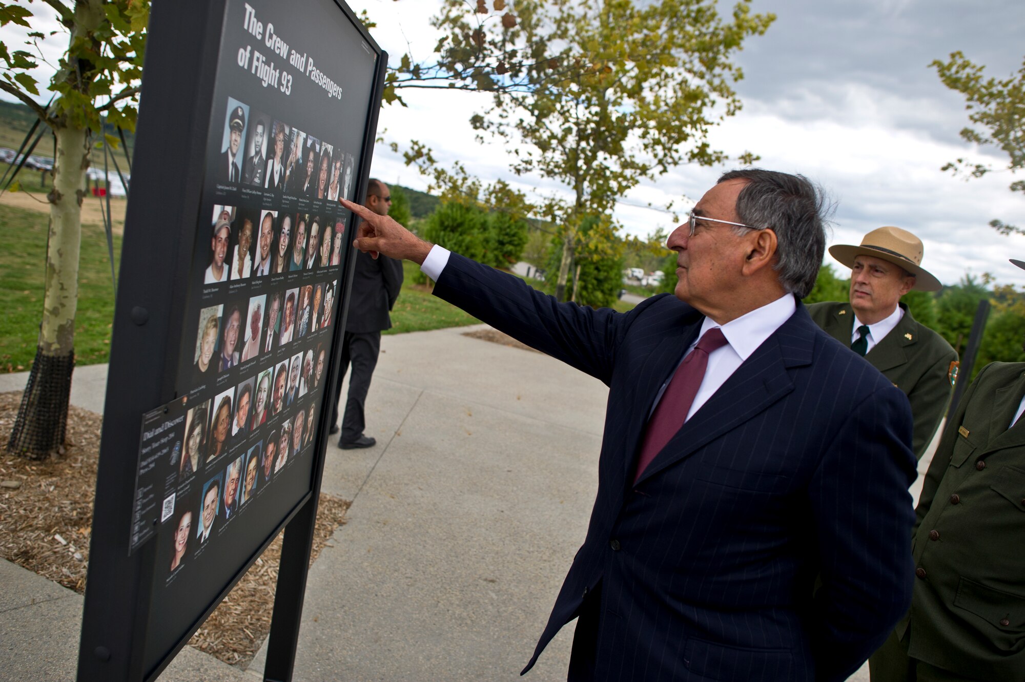 On the eve of the 11th anniversary of the Sept. 11, 2001 terrorist attacks on the United States, Secretary of Defense Leon E. Panetta visits the Flight 93 Memorial Plaza in Shanksville, Pa, Sept. 10, 2012. (DOD photo by U.S. Navy Petty Officer 1st Class Chad J. McNeeley)