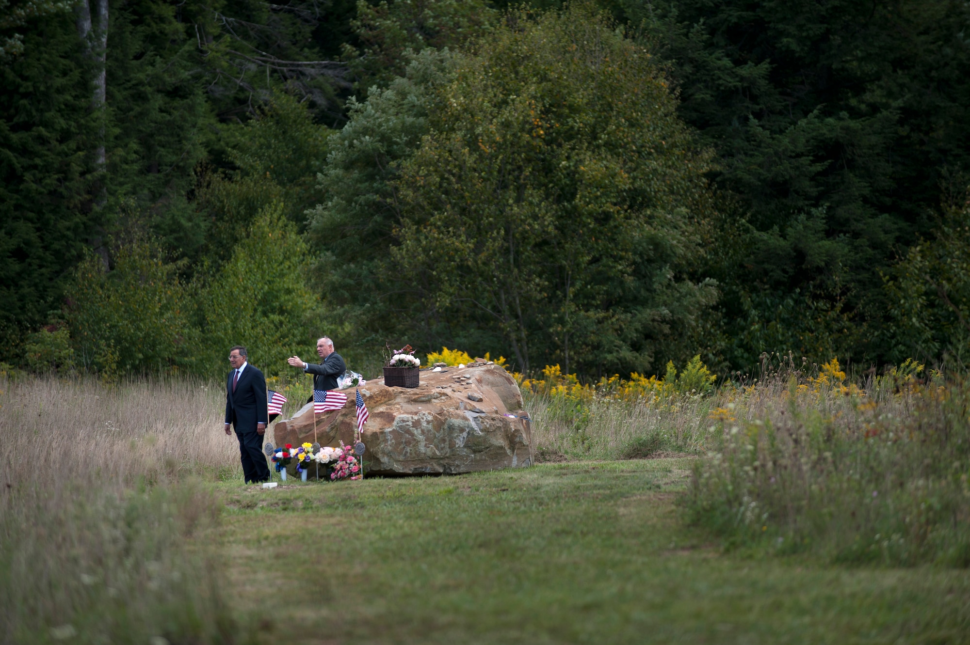 On the eve of the 11th anniversary of the Sept. 11, 2001 terrorist attacks on the United States, Secretary of Defense Leon E. Panetta visits the Flight 93 Memorial Plaza with Mr. Patrick White, president, Families of Flight 93, Shanksville, Pa, Sept. 10, 2012. (DOD photo by U.S. Navy Petty Officer 1st Class Chad J. McNeeley)