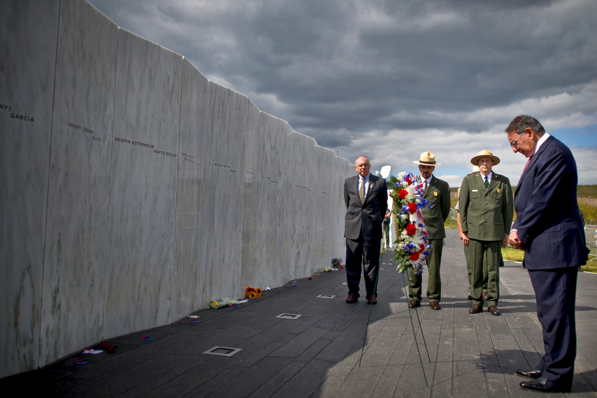 On the eve of the 11th anniversary of the Sept. 11, 2001 terrorist attacks on the United States, Secretary of Defense Leon E. Panetta lays a wreath at the Flight 93 Memorial Plaza Wall of Names, Shanksville, Pa, Sept. 10, 2012. (DOD photo by U.S. Navy Petty Officer 1st Class Chad J. McNeeley)