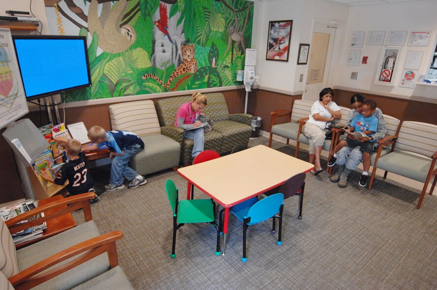 Patients sit in the waiting room at pediatric services, Shaw Air Force Base, S.C., Sept. 5, 2012.  The pediatrics clinic has been at Shaw for 14 years and its staff consists of six enlisted personnel, three officers and one civilian. (U.S. Air Force photo by Airman Nicole Sikorski/Released)