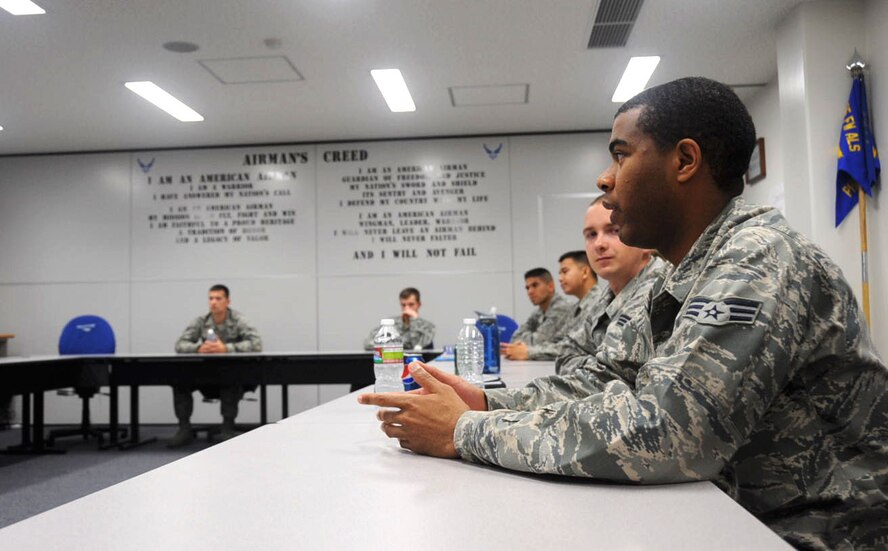 U.S. Air Force Senior Airman Devon Elliot, Airman Leadership School student, speaks during class at Misawa Air Base, Japan, Sept. 11, 2012. An Airman must have at least 48 months’ time in service before attending ALS, though less time is allowed if the Airman is a senior airman who has been selected for promotion to staff sergeant. (U.S. Air Force photo/Airman 1st. Class Kenna Jackson) 


