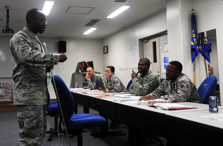 U.S. Air Force Staff Sgt. Demareo Smith, Airman Leadership School instructor, speaks to his students at Misawa Air Base, Japan, Sept. 11, 2012. On Nov. 6, 2012, the school is scheduled to begin its new curriculum to enhance ALS students’ communication skills, strategic thought process and leadership skills. (U.S. Air Force photo/Airman 1st. Class Kenna Jackson) 

