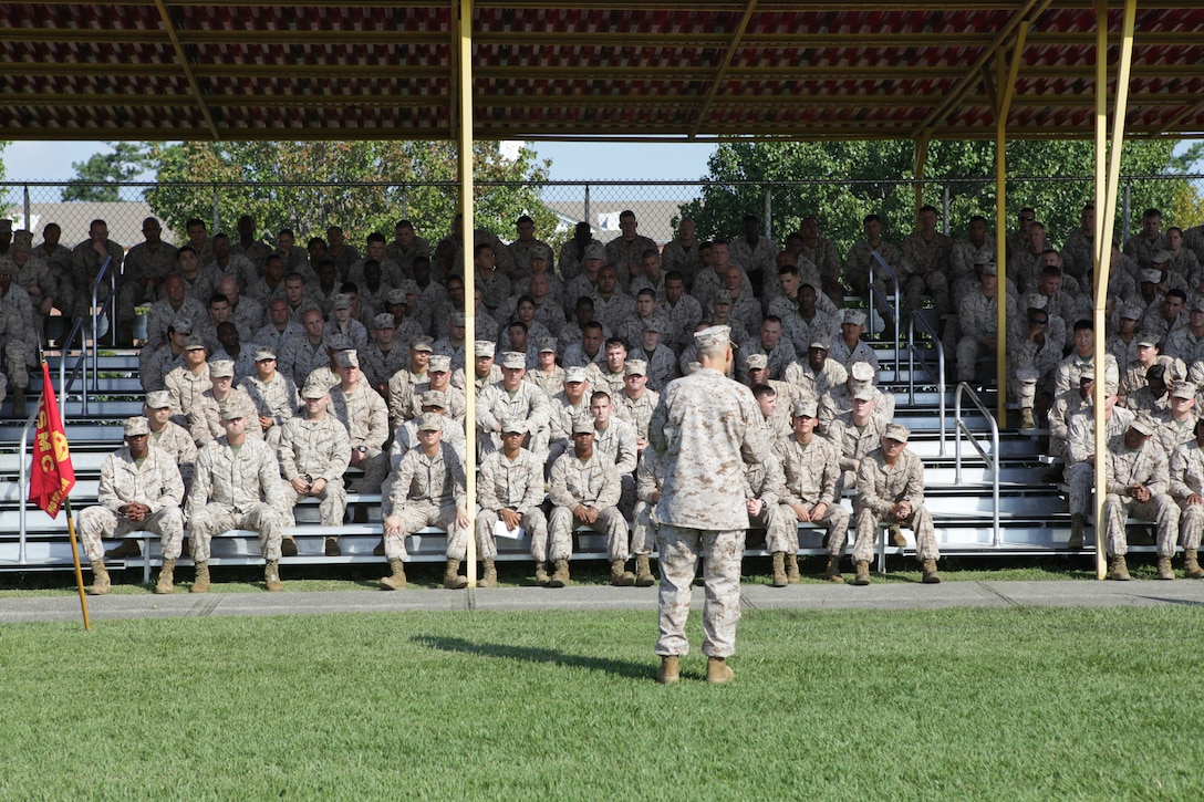 Brig. Gen. Thomas A. Gorry, commanding general Marine Corps Installations East- Marine Corps Base Camp Lejeune speaks with Marines about suicide prevention aboard MCB Camp Lejeune Aug. 31, 2012. Suicide prevention week at MCB Camp Lejeune means educators are stepping up to help prevent suicide in the community.